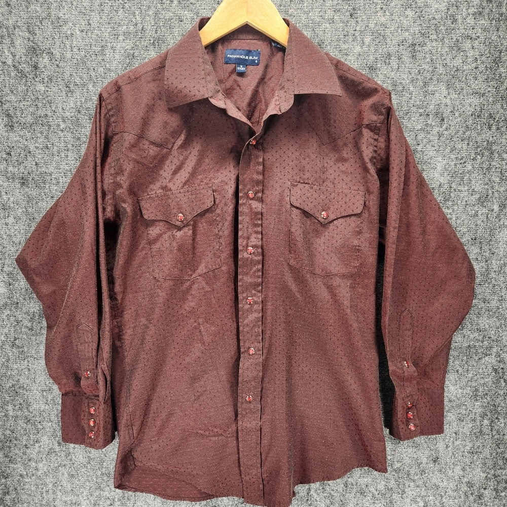 Vintage Panhandle Slim Mens 15.5 - 33 Burgundy Pearl Snap Long Sleeve Shirt